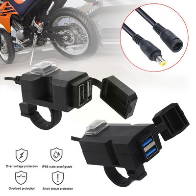 Двойно USB зарядно за мотоциклет Порт за кормило на мотоциклет 12V Водоустойчив 5V 1A 2.1A Адаптер Гнездо за захранване за телефон J0H8