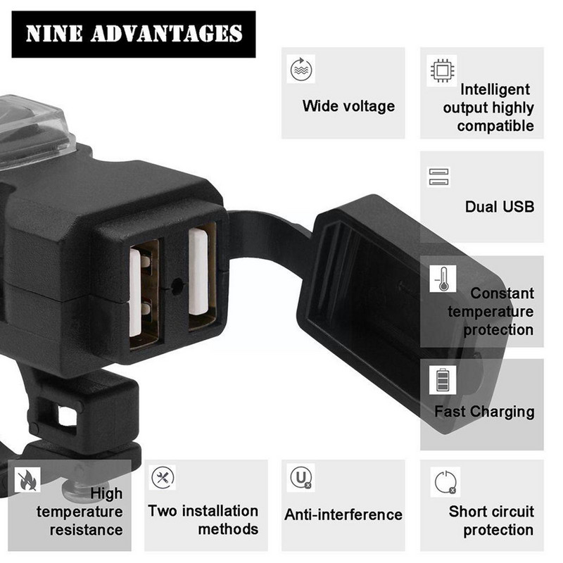 Încărcător USB dublu pentru motocicletă Port ghidon 12V impermeabil 5V 1A 2.1A Adaptor priză de alimentare pentru telefon J0H8