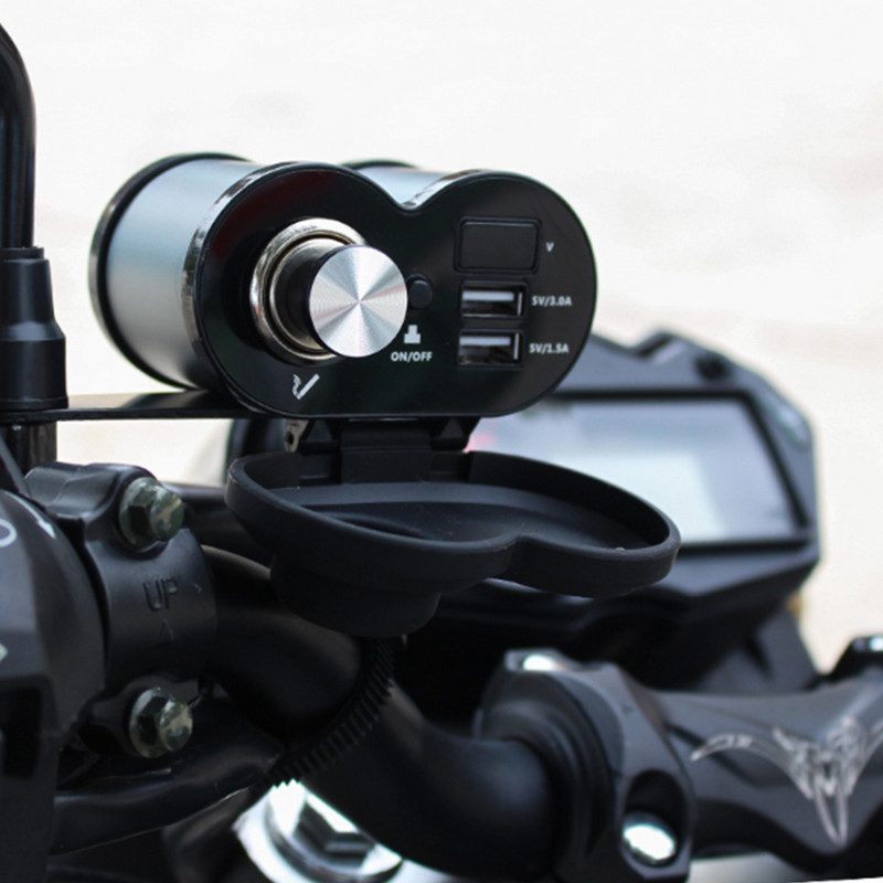 Adaptor pentru voltmetru digital rezistent la praf, cu port USB dublu, priză pentru brichetă QC 3.0, încărcător pentru ghidon pentru motociclete