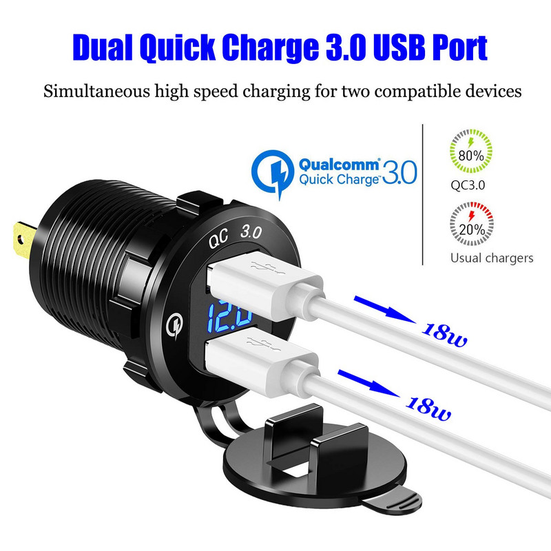 Ursuniot din aluminiu QC3.0 încărcător de mașină cu voltmetru LED porturi USB duble Adaptor de alimentare KIT DIY pentru 12V/24V Motocicletă Barcă Camion