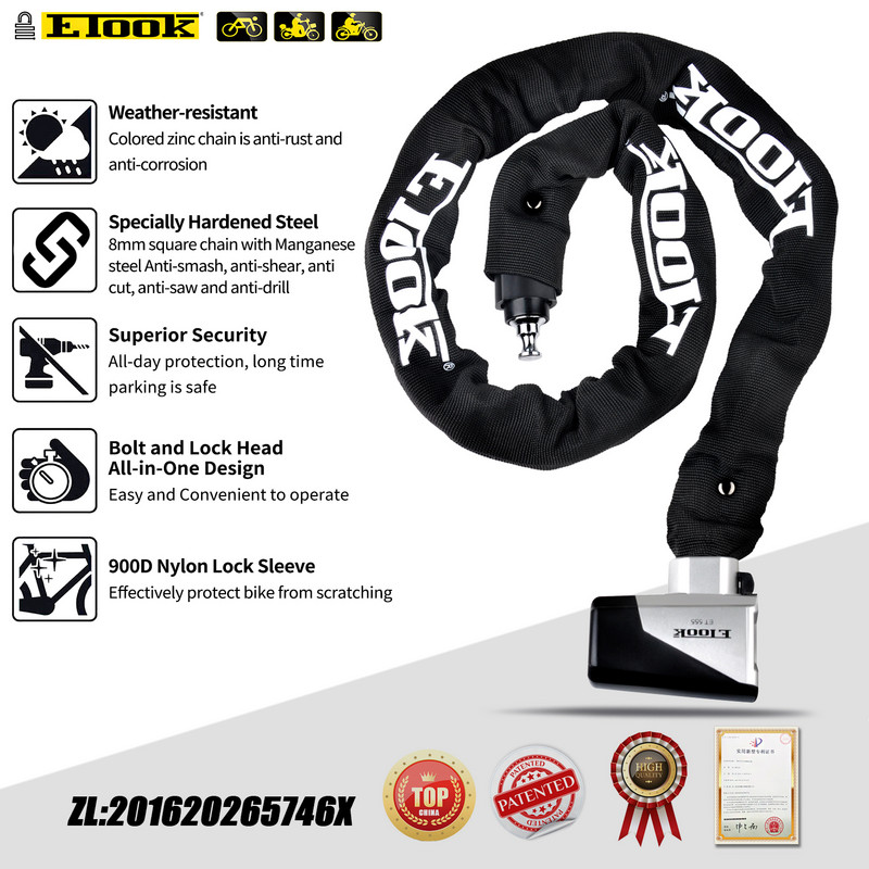 ETOOK Blocare pentru biciclete MTB Bicicletă de șosea Încuietoare cu lanț antifurt de siguranță rezistentă pentru motociclete scuter cu oțel special călit