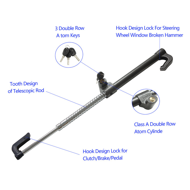 ALLREY Blocare pedală ambreiaj auto Securitate Volan auto Blocare antifurt Blocare frână Încuietori auto retractabil cu cârlig dublu