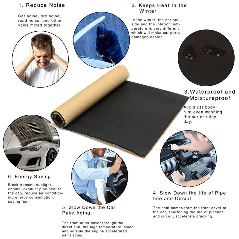 50/100/200/300cmx100cm Izolație fonică pentru mașină Deadener Sound Spumă de căldură Rezistent la căldură Izolație fonică Deadener Spumă Bumbac 6MM