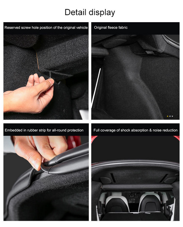 Tesla Model 3 2017-2023 jaoks mõeldud pagasiruumi esikaane heliisolatsioon, puuvillane sisemine kapuuts, esiosa/pagasiruumi helikindel tolmukindel puuvillane matt