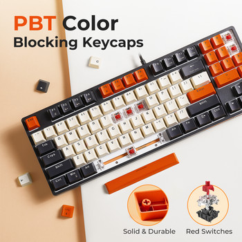 Havit Геймърска механична клавиатура Червен превключвател с PBT ABS клавишни капачки за компютър, таблет, настолен геймър, кабелен USB 89 клавиша