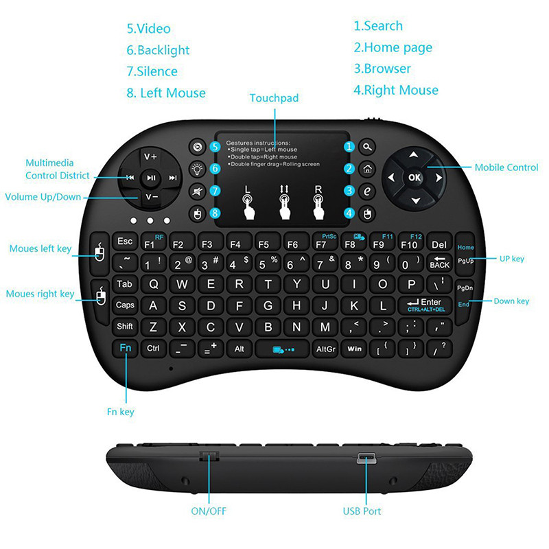 Mini tastatură fără fir 2.4G 3 culori retroiluminată I8 English Russian Air Mouse Touchpad Telecomandă pentru laptop TV BOX receptor USB
