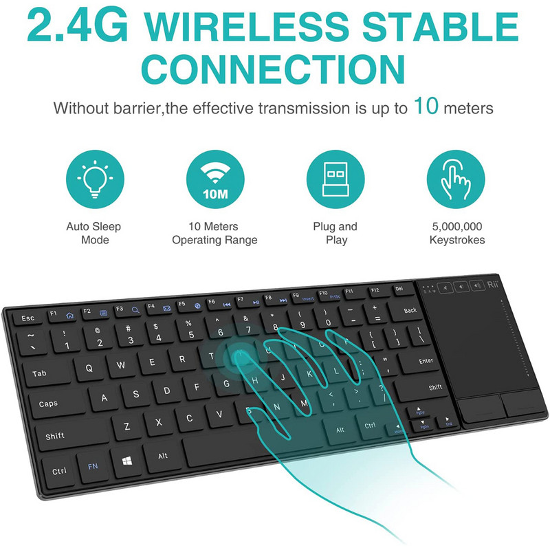 Rii K22 vezeték nélküli billentyűzet Windowshoz, rendkívül vékony, csendes billentyűzet érintőpaddal, 2,4 GHz-es vezeték nélküli számítógépes billentyűzet, kompatibilis ész