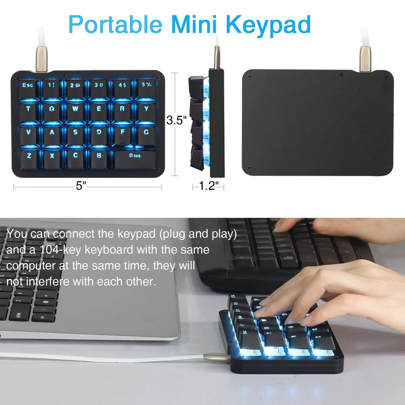 Macro Tastatură mecanică LED albastru iluminat din spate Mini tastatură portabilă pentru jocuri cu o singură mână 23 taste complet programabile Comutatoare roșii