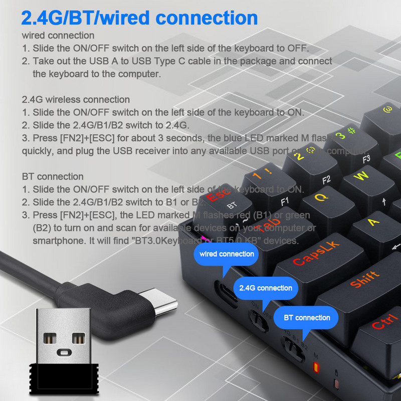 REDRAGON Draconic Pro K530 RGB Suport Bluetooth 5.0 wireless 2.4G USB 3 moduri Tastatură mecanică pentru jocuri 61 taste Calculator PC