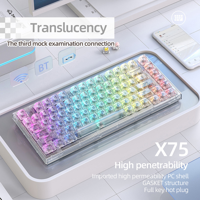 Tastatură mecanică pentru gamer X75 Crystal transparentă Tastatură de jocuri interschimbabilă la cald, cu fir RGB, cu iluminare din spate, tastatură pentru laptop, PC