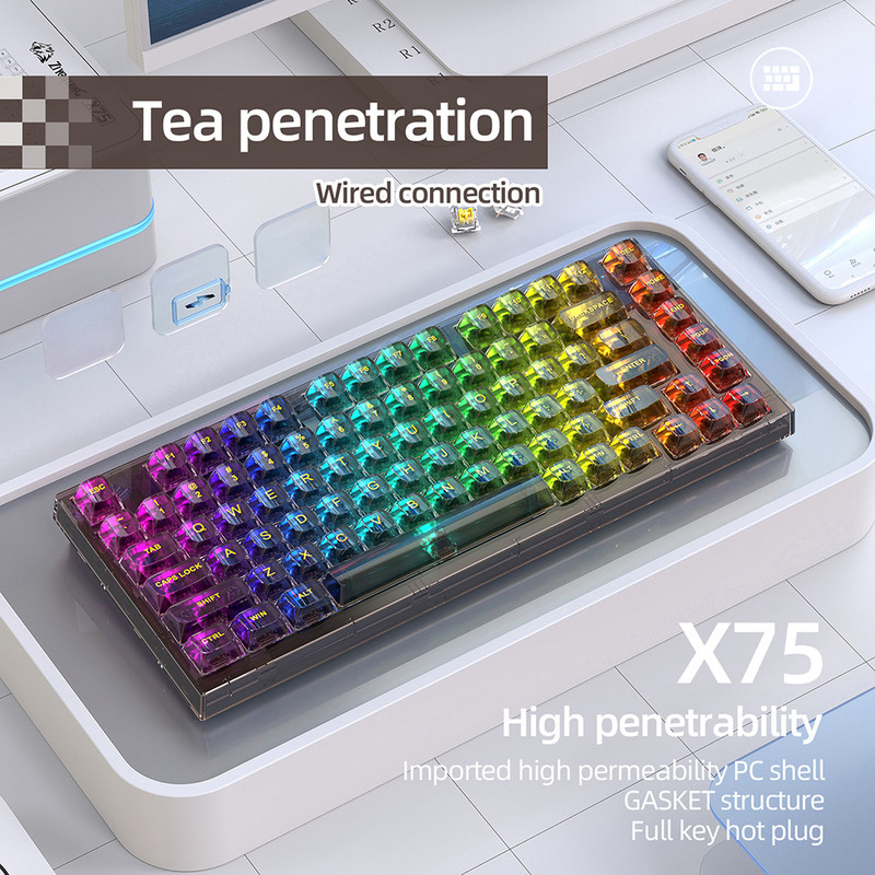 Tastatură mecanică pentru gamer X75 Crystal transparentă Tastatură de jocuri interschimbabilă la cald, cu fir RGB, cu iluminare din spate, tastatură pentru laptop, PC