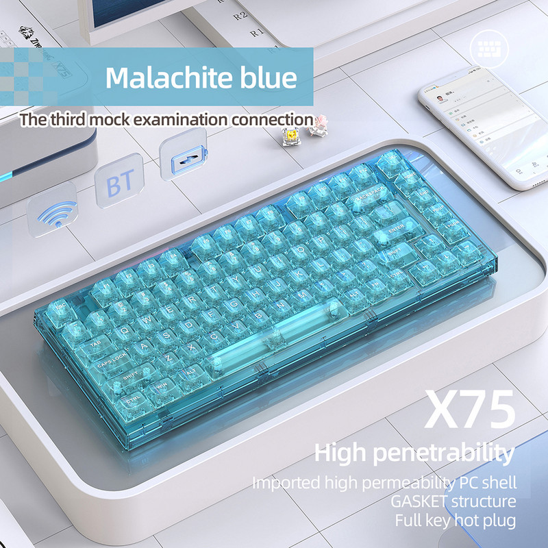 Tastatură mecanică pentru gamer X75 Crystal transparentă Tastatură de jocuri interschimbabilă la cald, cu fir RGB, cu iluminare din spate, tastatură pentru laptop, PC
