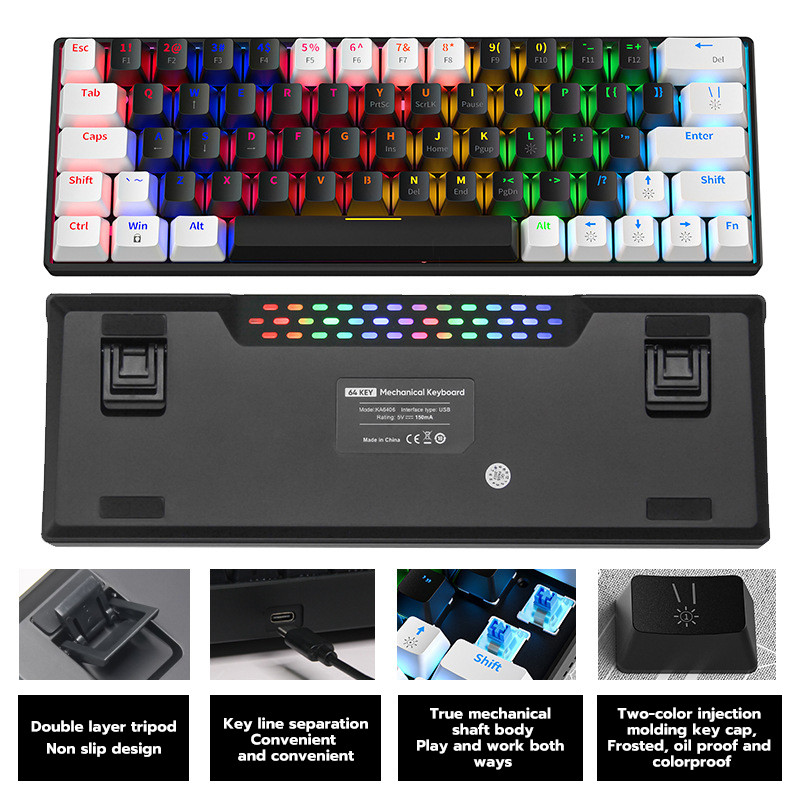 Tastatură mecanică mică cu 64 de taste RGB iluminată din spate Tastatură mecanică pentru e-sport pentru computer personalizat cu fir USB