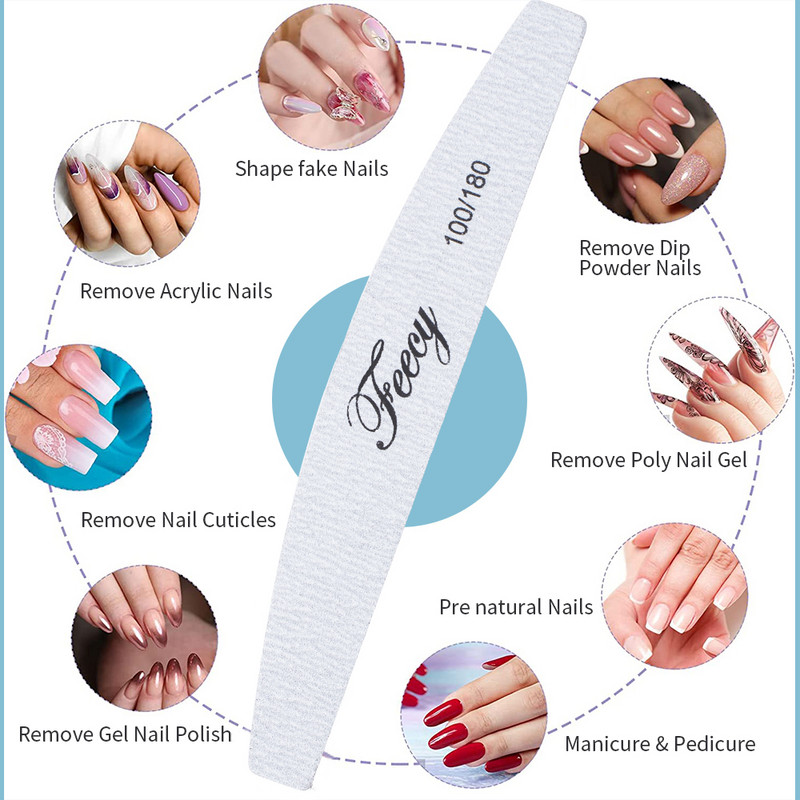 Nagų dildės 100 180 grūdėtumo dvigubos pusės Nagų dailės manikiūro pedikiūro įrankiai Švitrinis popierius Stiprus, storas buferis Half Moon Lime šlifavimo dildė