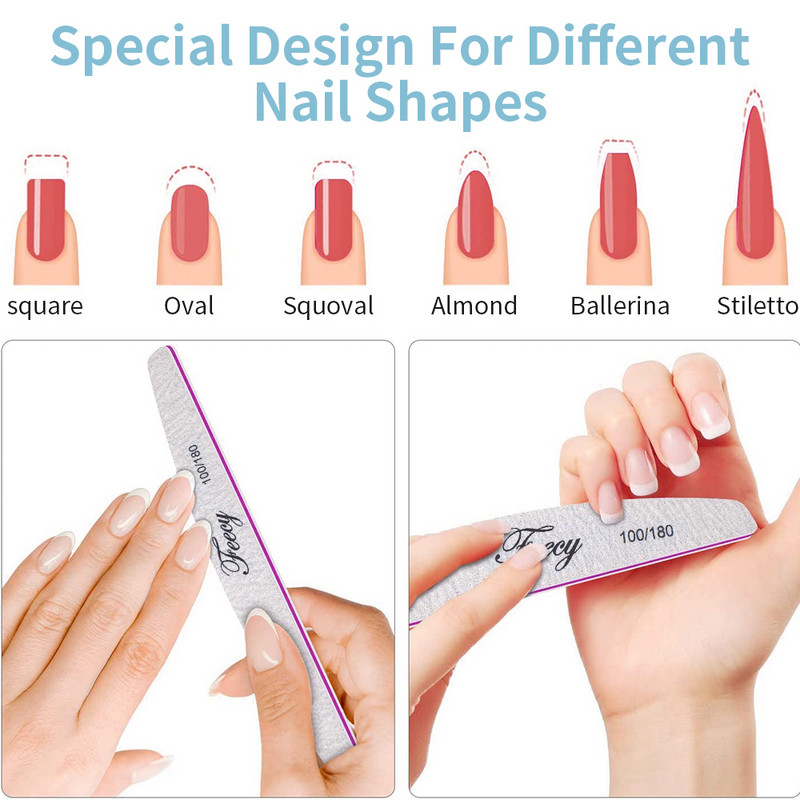 Nagų dildės 100 180 grūdėtumo dvigubos pusės Nagų dailės manikiūro pedikiūro įrankiai Švitrinis popierius Stiprus, storas buferis Half Moon Lime šlifavimo dildė