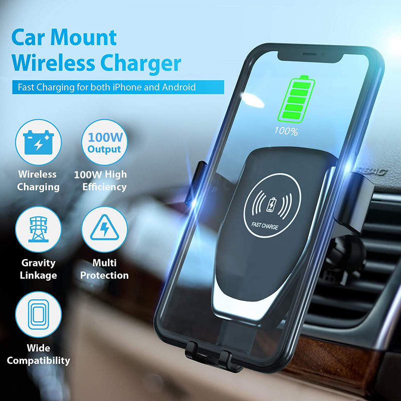 100 W automobilinio belaidžio įkroviklio laikiklio telefono laikiklis, skirtas iPhone 14 13 12 11 Samsung S22 S21 Xiaomi indukcinio greito įkrovimo stotelei