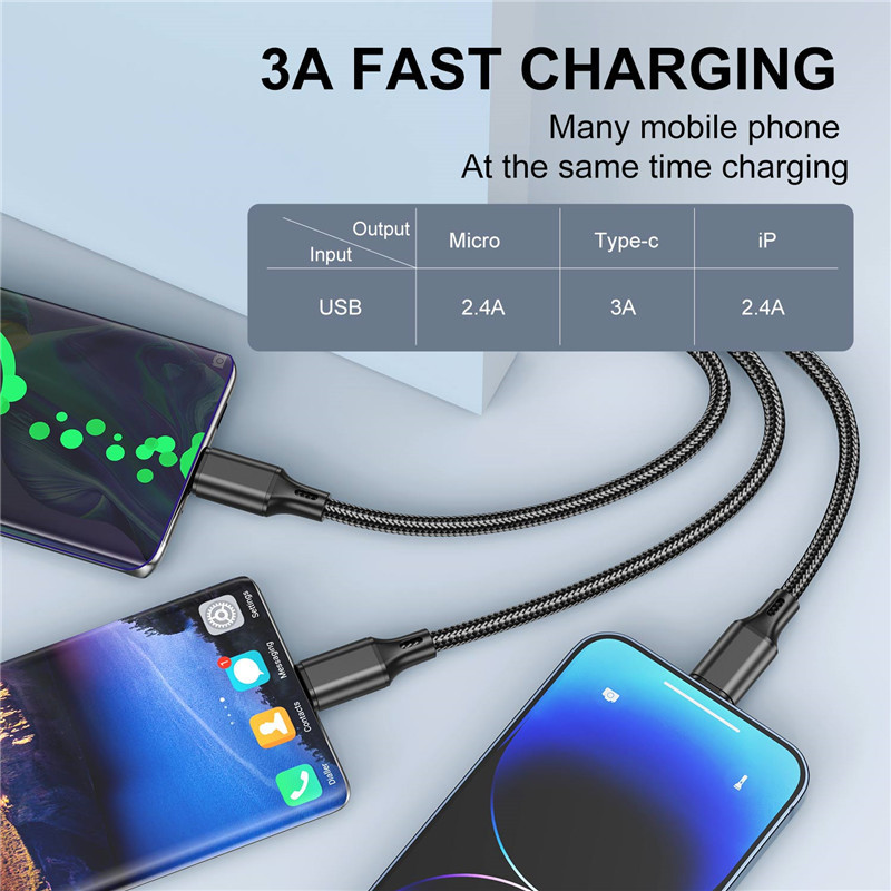 Καλώδιο φόρτισης 3Α 3 σε 1 Γρήγορος φορτιστής Micro USB Type-C Καλώδιο φόρτισης πολλαπλών θυρών USB για iPhone Huawei Samsung καλώδιο φόρτισης