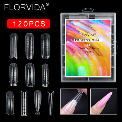 FlorVida 100 buc Kit plastic pentru unghii false Art Dual Form French Tips Poly Gel Extension Mode Acrilic Manichiura Set de accesorii