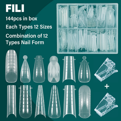 FILI 144/120 buc. Forme duble clare pentru unghii Poli UV Sistem de gel pentru unghii, reutilizabil DIY, matriță de extensie pentru unghii, forma superioară a unghiilor de construcție rapidă