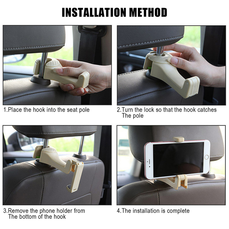Cârlig pentru spate 2 în 1 Cârlig pentru tetiera pentru mașină cu suport pentru telefon Umeraș pentru spate scaun pentru geantă Poșetă Poșetă pentru băcănie Agrafe pliabile