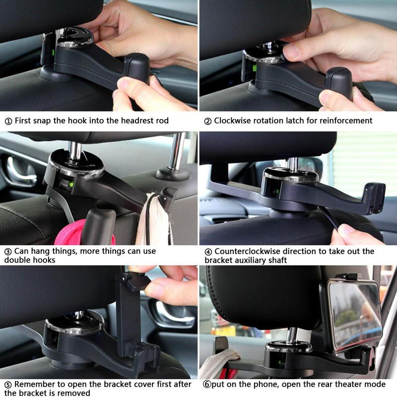 Gadget pentru mașină 2 în 1, umeraș pentru scaunul din spate al mașinii, organizator cârlig pentru tetieră mașină, cu suport pentru telefon pentru geantă de mână mașină 2 accesorii de interior