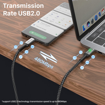 WOTOBEUS USB C към USB C кабел 100 W, Type-C 5A E Mark Найлонов плетен кабел за бързо зареждане с LED светлина Съвместим MacBook Pro iPad