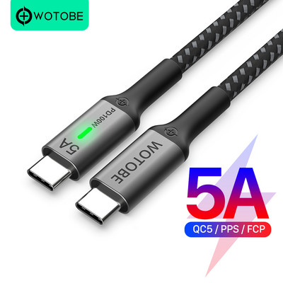 WOTOBEUS USB C към USB C кабел 100 W, Type-C 5A E Mark Найлонов плетен кабел за бързо зареждане с LED светлина Съвместим MacBook Pro iPad