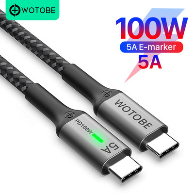 Cablu USB C la USB C WOTOBEUS 100W, tip C 5A marcaj E Încărcare rapidă cablu împletit din nailon cu lumină LED compatibil MacBook Pro iPad