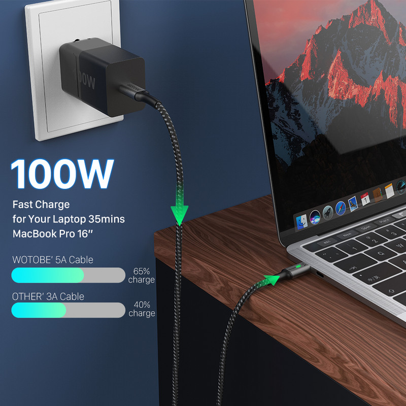 Cablu USB C la USB C WOTOBEUS 100W, tip C 5A marcaj E Încărcare rapidă cablu împletit din nailon cu lumină LED compatibil MacBook Pro iPad