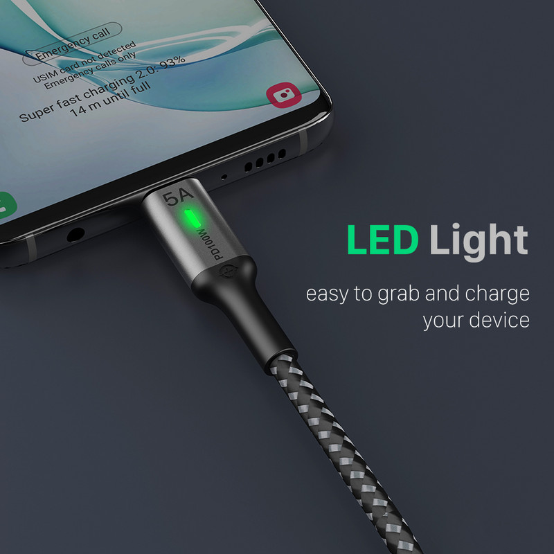 Cablu USB C la USB C WOTOBEUS 100W, tip C 5A marcaj E Încărcare rapidă cablu împletit din nailon cu lumină LED compatibil MacBook Pro iPad