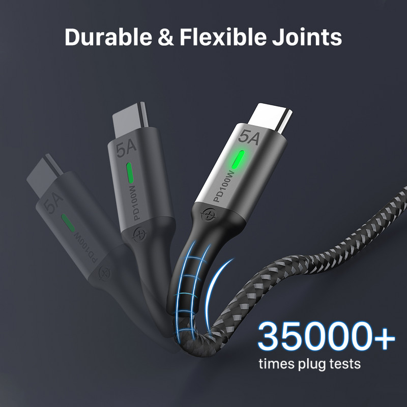Cablu USB C la USB C WOTOBEUS 100W, tip C 5A marcaj E Încărcare rapidă cablu împletit din nailon cu lumină LED compatibil MacBook Pro iPad