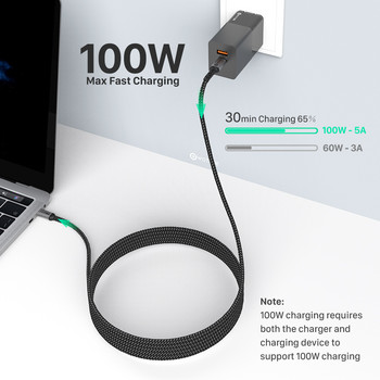USB C към USB C кабел 3 м 100 W, WOTOBE дълъг 10 фута USB Type-C 5A E Mark Бързо зареждане Найлонов плетен кабел Съвместим MacBook Pro iPad