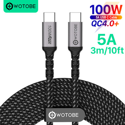 Cablu USB C la USB C 3m 100W, WOTOBE Lung 10ft USB Type-C 5A E Mark Încărcare rapidă Cablu împletit din nailon Compatibil MacBook Pro iPad