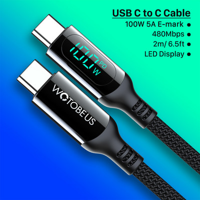 Cablu USB C la USB C WOTOBE PD100W 5A E-Mark LED Afișaj digital Cablu de încărcare rapidă pentru laptop tip C iPad Samsung S21/20