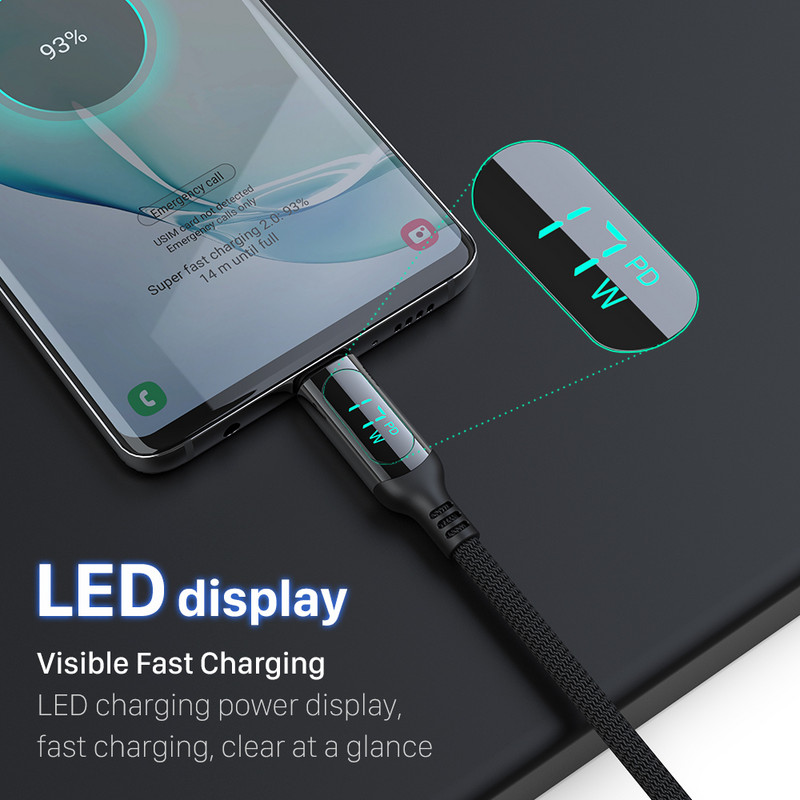Cablu USB C la USB C WOTOBE PD100W 5A E-Mark LED Afișaj digital Cablu de încărcare rapidă pentru laptop tip C iPad Samsung S21/20