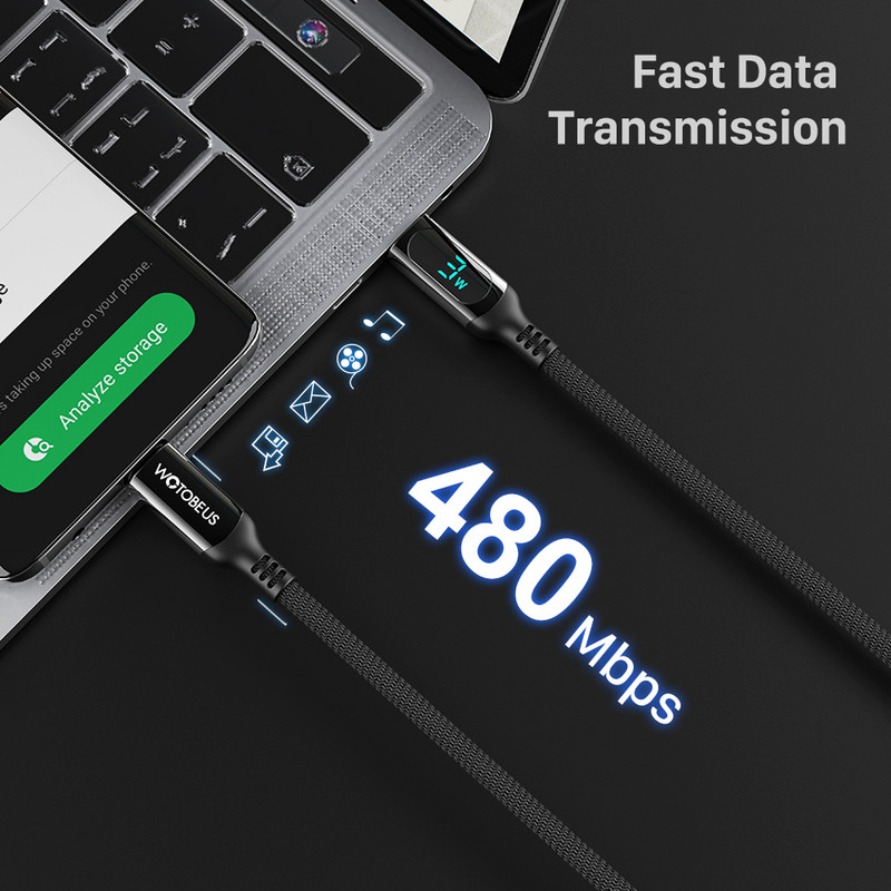 Cablu USB C la USB C WOTOBE PD100W 5A E-Mark LED Afișaj digital Cablu de încărcare rapidă pentru laptop tip C iPad Samsung S21/20