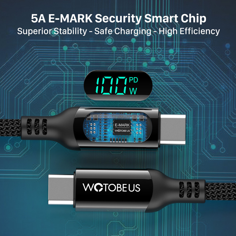 Cablu USB C la USB C WOTOBE PD100W 5A E-Mark LED Afișaj digital Cablu de încărcare rapidă pentru laptop tip C iPad Samsung S21/20