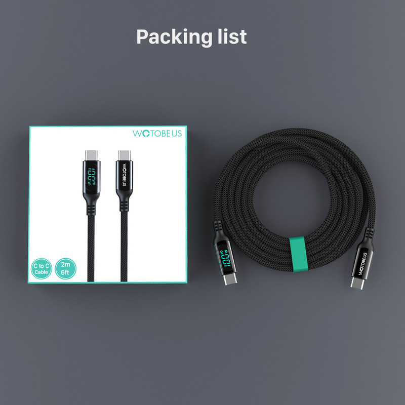 Cablu USB C la USB C WOTOBE PD100W 5A E-Mark LED Afișaj digital Cablu de încărcare rapidă pentru laptop tip C iPad Samsung S21/20