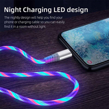Flow Luminous USB Type C Cable 3A Кабел за данни за бързо зареждане за Samsung Xiaomi OPPO Huawei IPhone Зарядно устройство Micro USB Wire LED кабел