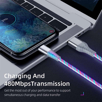 Flow Luminous USB Type C Καλώδιο 3A Καλώδιο δεδομένων γρήγορης φόρτισης για Samsung Xiaomi OPPO Huawei IPhone Charger Καλώδιο Micro USB Wire LED