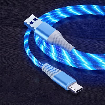 Kábel Flow Luminous USB Type-C, 3A, rýchlonabíjací dátový kábel pre Samsung Xiaomi OPPO Huawei, nabíjačka pre iPhone, micro USB kábel s LED diódou
