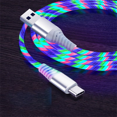 Kábel Flow Luminous USB Type-C, 3A, rýchlonabíjací dátový kábel pre Samsung Xiaomi OPPO Huawei, nabíjačka pre iPhone, micro USB kábel s LED diódou