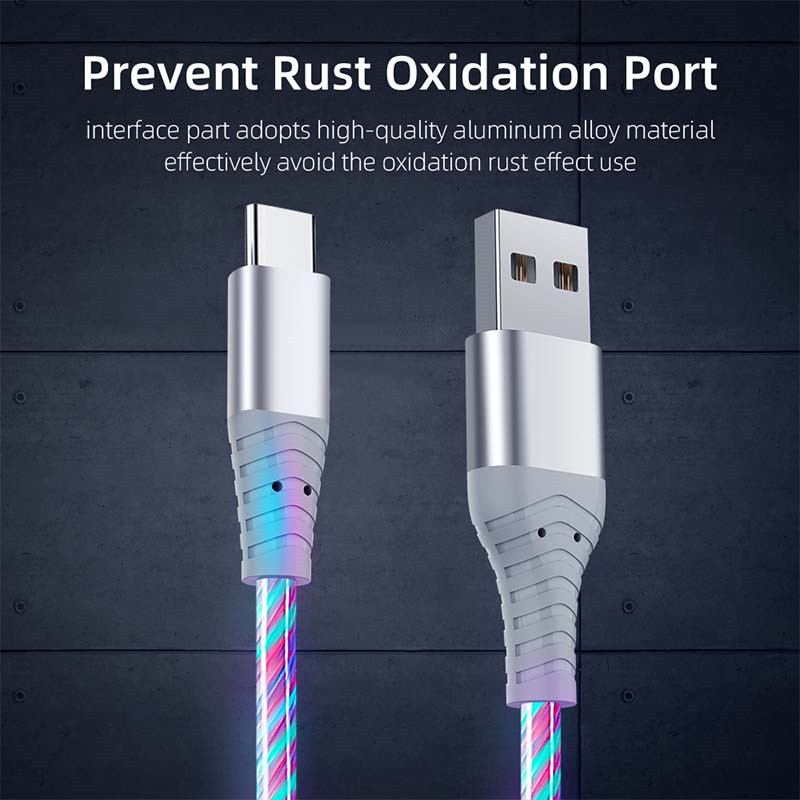 Kábel Flow Luminous USB Type-C, 3A, rýchlonabíjací dátový kábel pre Samsung Xiaomi OPPO Huawei, nabíjačka pre iPhone, micro USB kábel s LED diódou