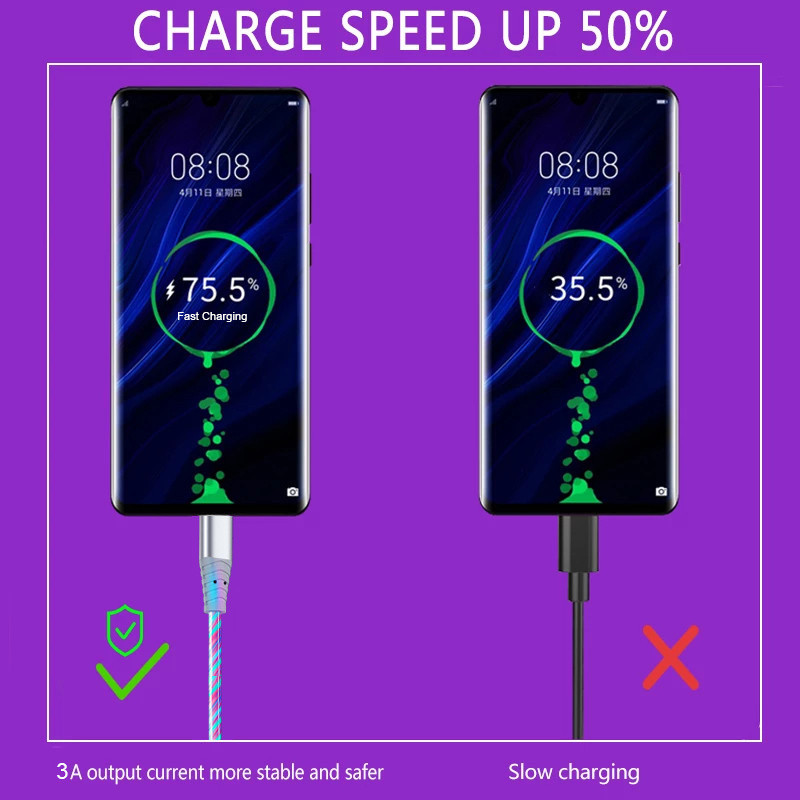 Kábel Flow Luminous USB Type-C, 3A, rýchlonabíjací dátový kábel pre Samsung Xiaomi OPPO Huawei, nabíjačka pre iPhone, micro USB kábel s LED diódou