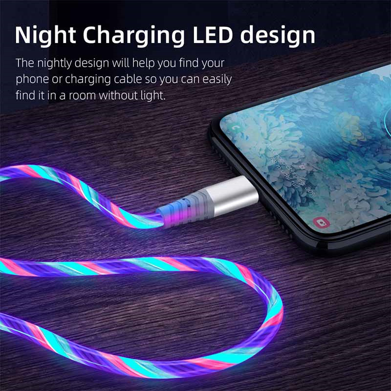 Kábel Flow Luminous USB Type-C, 3A, rýchlonabíjací dátový kábel pre Samsung Xiaomi OPPO Huawei, nabíjačka pre iPhone, micro USB kábel s LED diódou