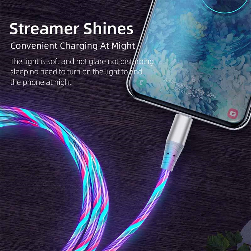 Kábel Flow Luminous USB Type-C, 3A, rýchlonabíjací dátový kábel pre Samsung Xiaomi OPPO Huawei, nabíjačka pre iPhone, micro USB kábel s LED diódou