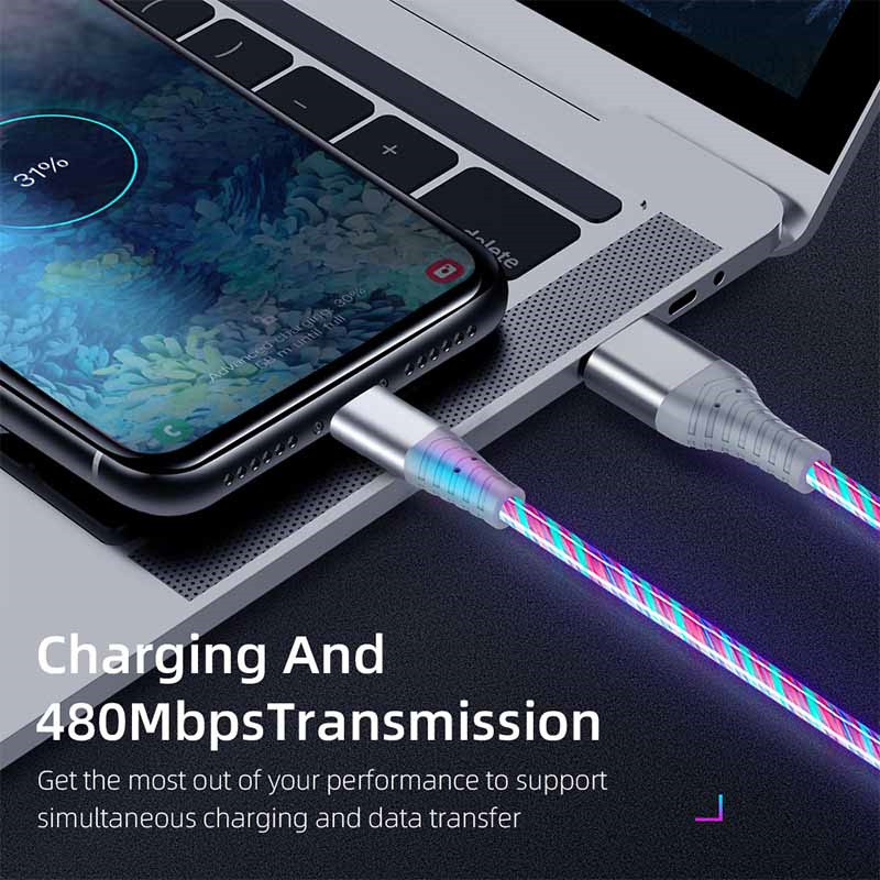 Kábel Flow Luminous USB Type-C, 3A, rýchlonabíjací dátový kábel pre Samsung Xiaomi OPPO Huawei, nabíjačka pre iPhone, micro USB kábel s LED diódou