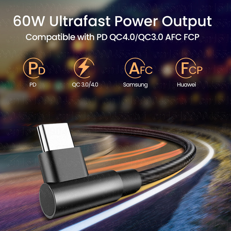 Dupla könyökös USB Type C – USB C kábel PD 60W Quick Charge 4.0 3.0 USB-C gyorstöltő kábel Macbook Pro Samsung Xiaomi 2/3m-hez