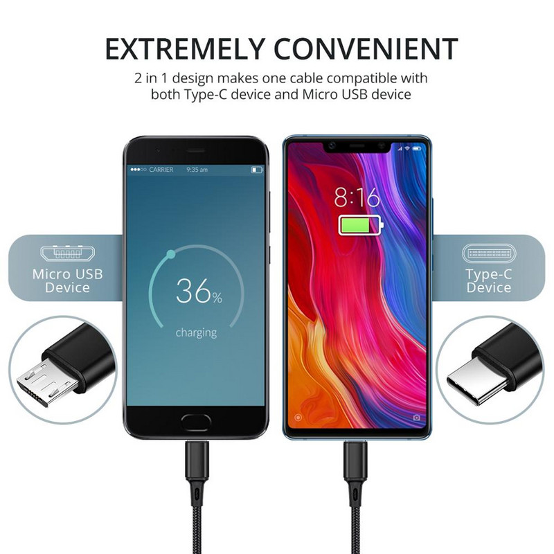 FONKEN 2 az 1-ben mikro USB kábel C típusú kábelek Gyorstöltő kábel Tablet telefon töltőkábel 2 az 1-ben nylon fonott Android vezetékek