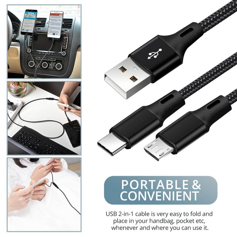 FONKEN 2 az 1-ben mikro USB kábel C típusú kábelek Gyorstöltő kábel Tablet telefon töltőkábel 2 az 1-ben nylon fonott Android vezetékek